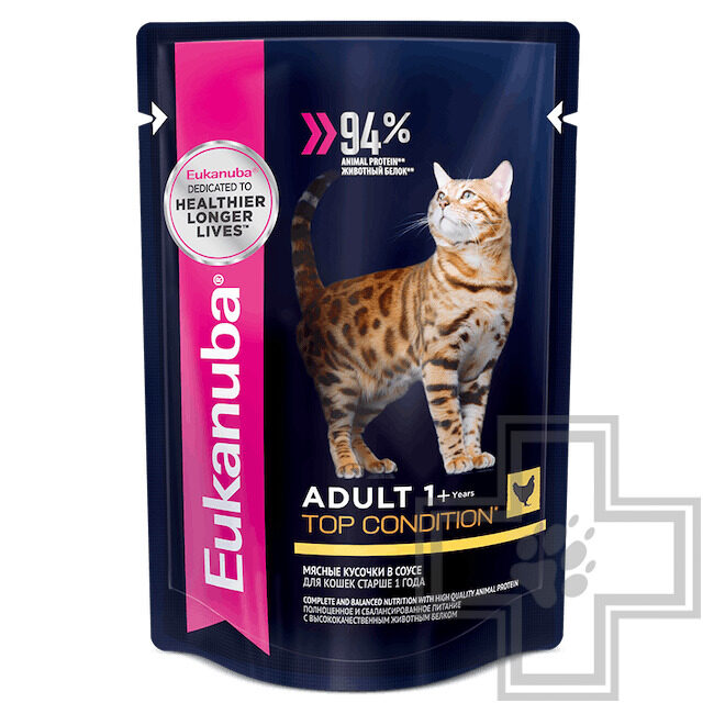 Eukanuba Adult Top 1+ Condition Пресервы для взрослых кошек, с курицей в соусе