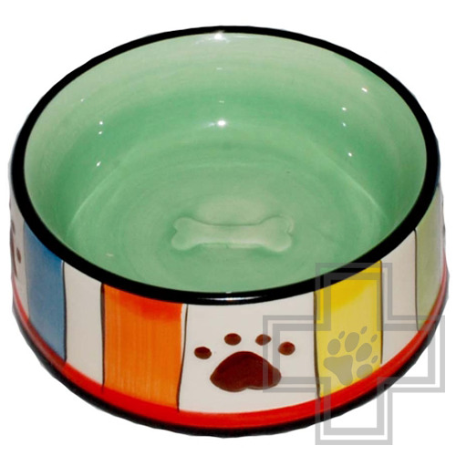 №1 Миска керамическая для собак, с полосками и лапкой