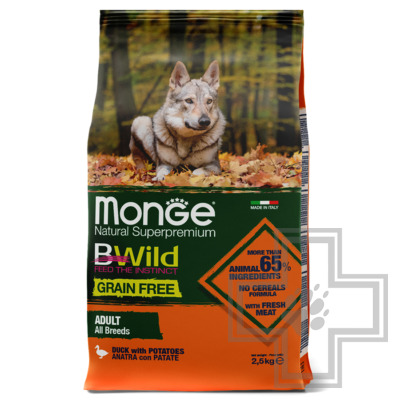 Monge GRAIN FREE Корм беззерновой для взрослых собак всех пород, с уткой и картофелем