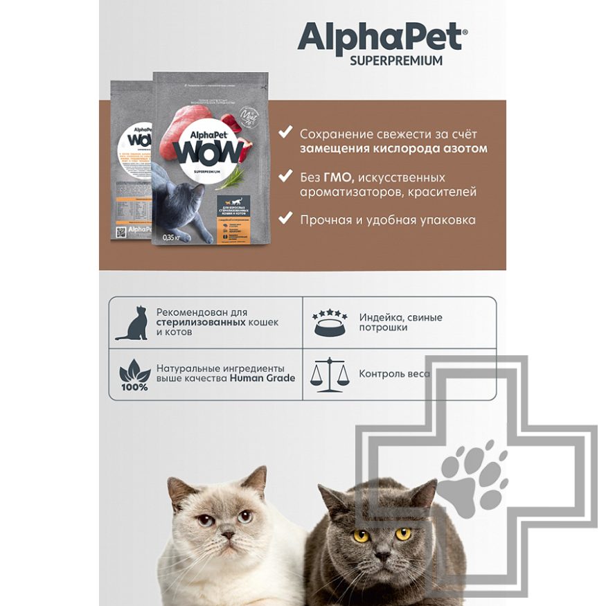 AlphaPet WOW Корм для взрослых стерилизованных кошек, с индейкой и потрошками