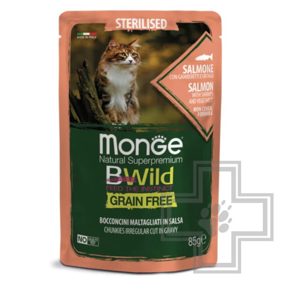 Monge Cat BWild GRAIN FREE Пресервы беззерновые для стерилизованных кошек, с лососем и креветками
