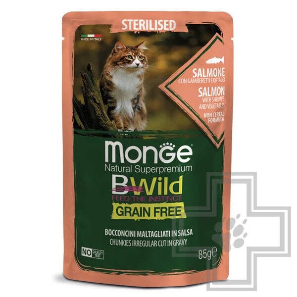 Monge Cat BWild GRAIN FREE Пресервы беззерновые для стерилизованных кошек, с лососем и креветками