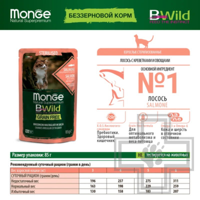 Monge Cat BWild GRAIN FREE Пресервы беззерновые для стерилизованных кошек, с лососем и креветками