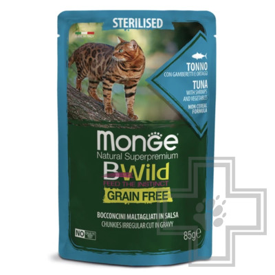 Monge BWild GRAIN FREE Пресервы для взрослых стерилизованных кошек, с тунцом, креветками и овощами