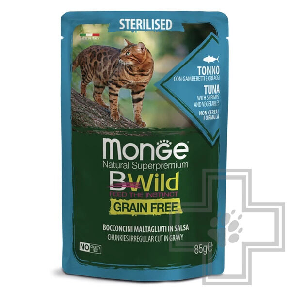 Monge BWild GRAIN FREE Пресервы для взрослых стерилизованных кошек, с тунцом, креветками и овощами