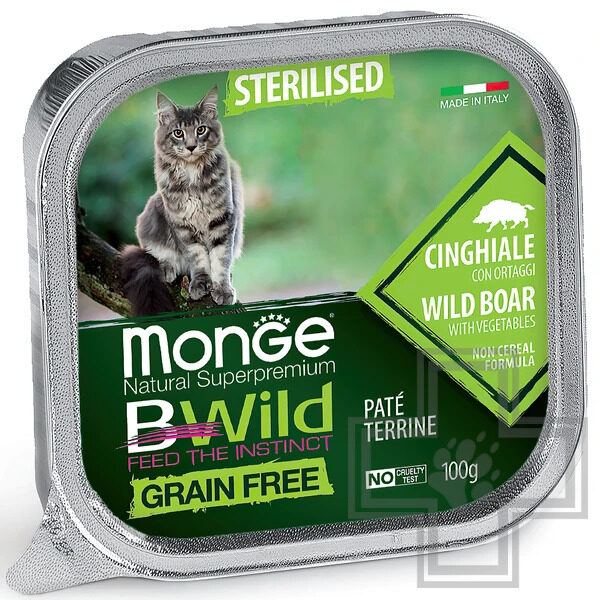 Monge BWild GRAIN FREE Консервы для взрослых стерилизованных кошек, с кабаном и овощами