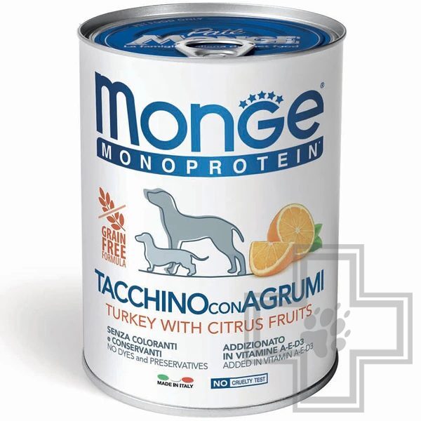 Monge Dog Natural Monoprotein Fruits Консервы для взрослых собак всех пород, с индейкой и цитрусами