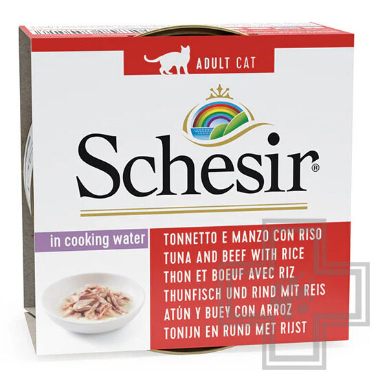 Schesir Консервы для взрослых кошек, с тунцом, говядиной и рисом в собственном соку