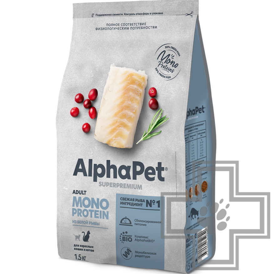 AlphaPet Superpremium MONOPROTEIN Корм для взрослых кошек, с белой рыбой