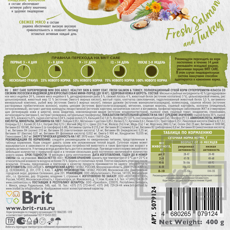 Брит Кеа Healthy Skin & Shiny Корм для взрослых собак мелких пород для кожи и шерсти, с индейкой