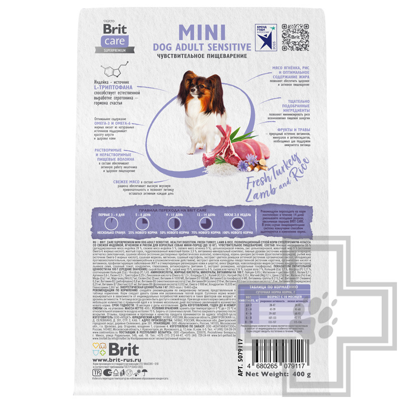 Брит Кеа Sensitive Healthy Digestion Корм для взрослых собак мелких пород с ЧП, с индейкой