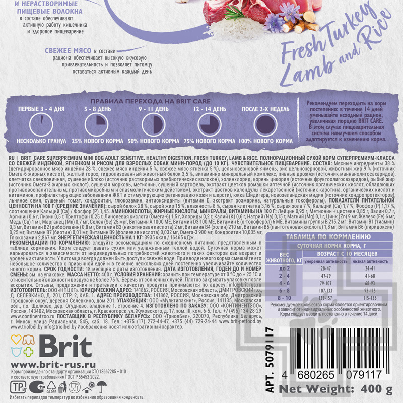 Брит Кеа Sensitive Healthy Digestion Корм для взрослых собак мелких пород с ЧП, с индейкой