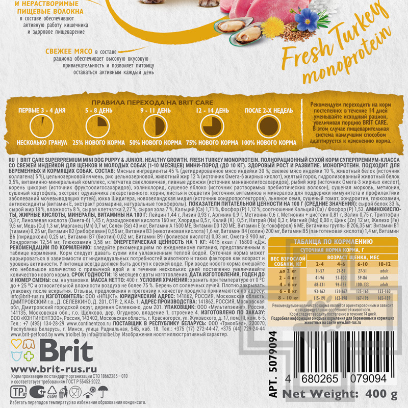 Брит Кеа Healthy Growth Корм для щенков и молодых собак мелких пород для роста, с индейкой