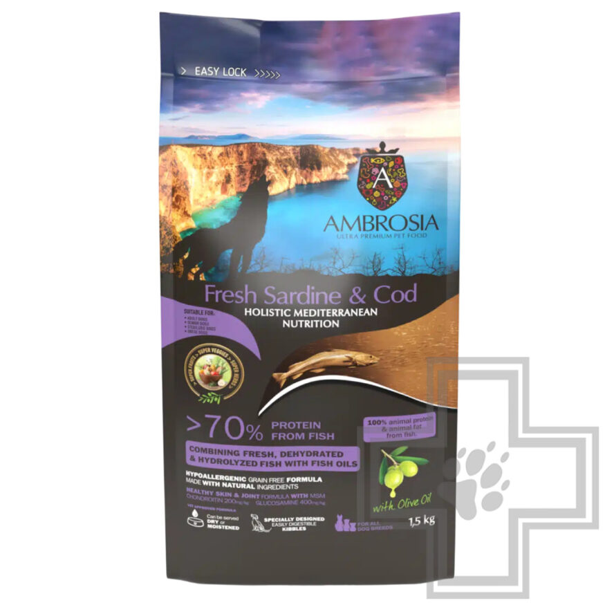 Ambrosia Mediterranean Diet Корм для пожилых стерилизованных собак с ожирением, с сардиной и треской