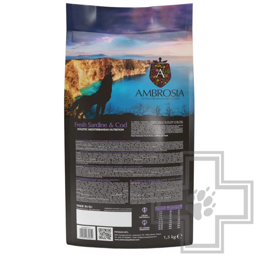 Ambrosia Mediterranean Diet Корм для пожилых стерилизованных собак с ожирением, с сардиной и треской