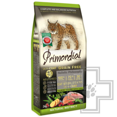 Primordial Neutered Skin & Coat Корм для взрослых стерилизованных кошек, с лососем и индейкой