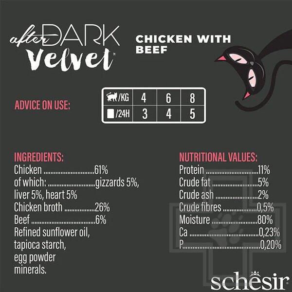 Schesir After Dark Velvet Пресервы для взрослых кошек, мусс с курицей и говядиной Schesir After Dark Velvet Пресервы для взрослых кошек, мусс с курицей и говядиной