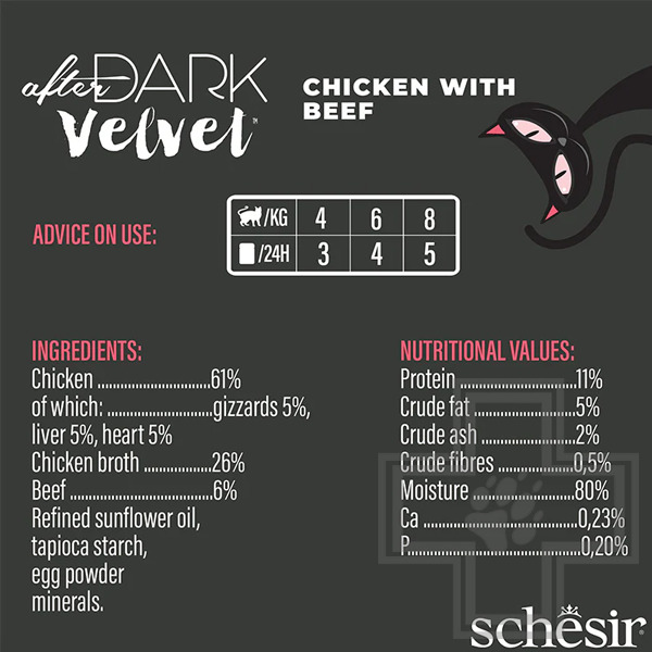 Schesir After Dark Velvet Пресервы для взрослых кошек, мусс с курицей и говядиной