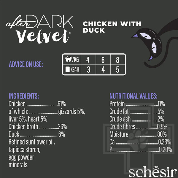 Schesir After Dark Velvet Пресервы для взрослых кошек, мусс с курицей и уткой