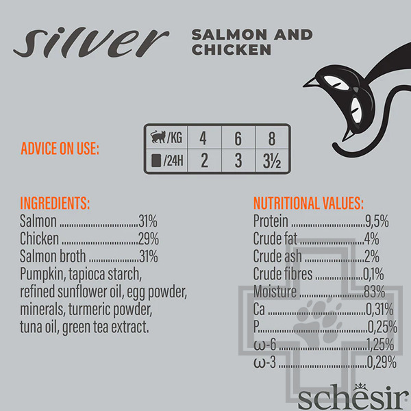 Schesir Silver Mousse Пресервы для кошек старше 6 лет, мусс с курицей, лососем и тыквой