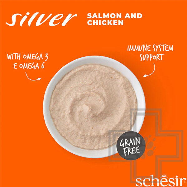 Schesir Silver Mousse Пресервы для кошек старше 6 лет, мусс с курицей, лососем и тыквой Schesir Silver Mousse Пресервы для кошек старше 6 лет, мусс с курицей, лососем и тыквой