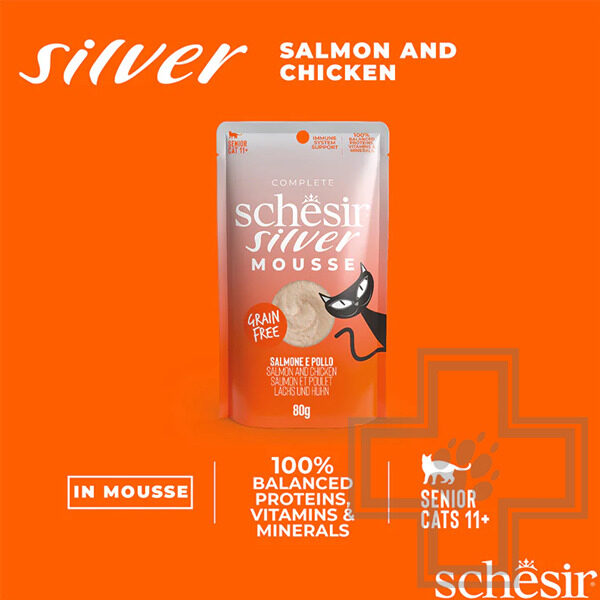 Schesir Silver Mousse Пресервы для кошек старше 6 лет, мусс с курицей, лососем и тыквой Schesir Silver Mousse Пресервы для кошек старше 6 лет, мусс с курицей, лососем и тыквой