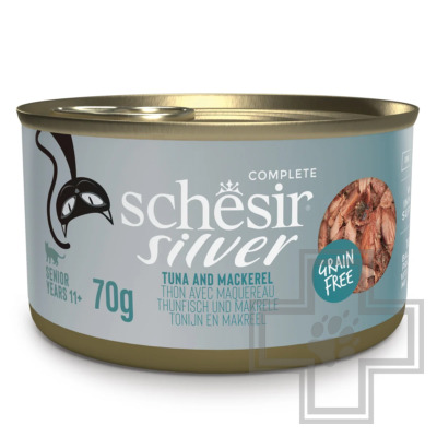 Schesir Silver Senior Консервы беззерновые для пожилых кошек, с тунцом и скумбрией