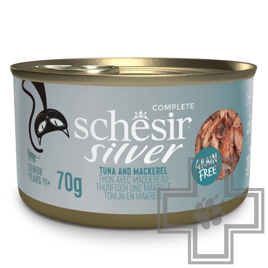 Schesir Silver Senior Консервы беззерновые для пожилых кошек, с тунцом и скумбрией