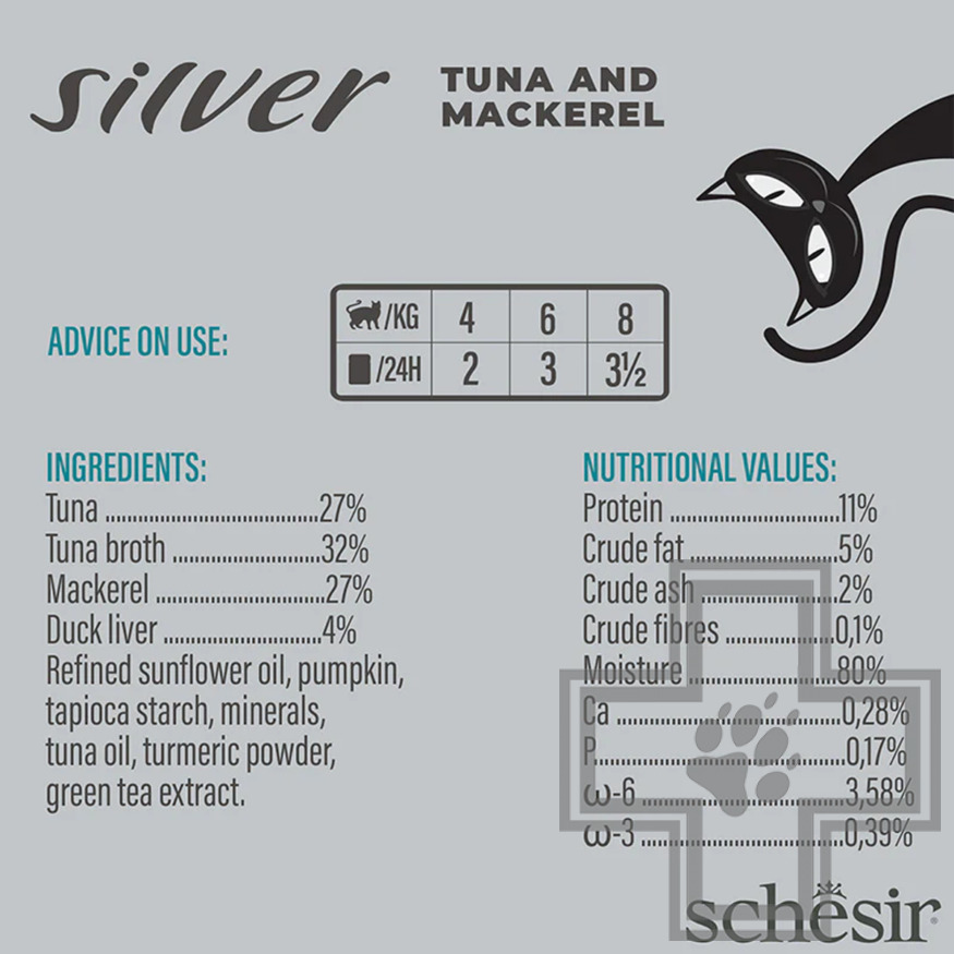 Schesir Silver Senior Консервы беззерновые для пожилых кошек, с тунцом и скумбрией