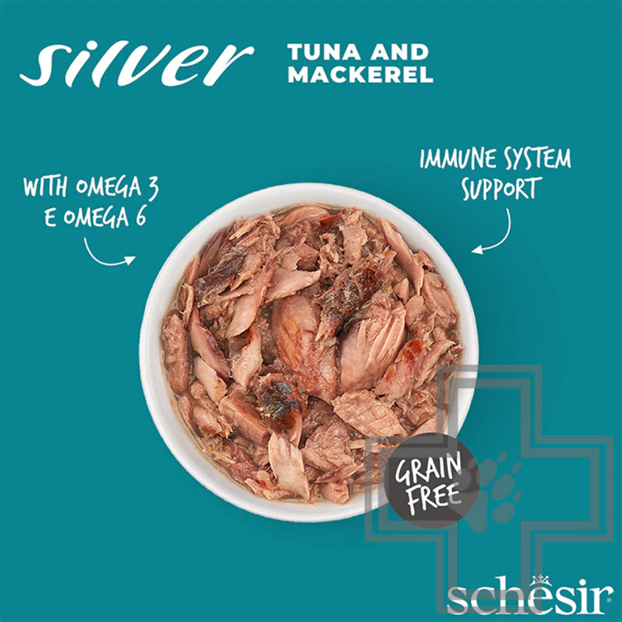 Schesir Silver Senior Консервы беззерновые для пожилых кошек, с тунцом и скумбрией