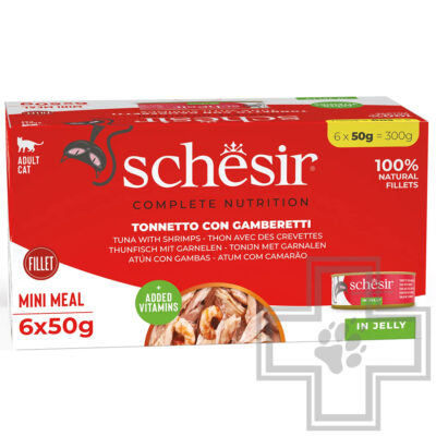 Schesir Complete Nutrition Консервы для кошек, с тунцом и креветками в желе (мультиупаковка)