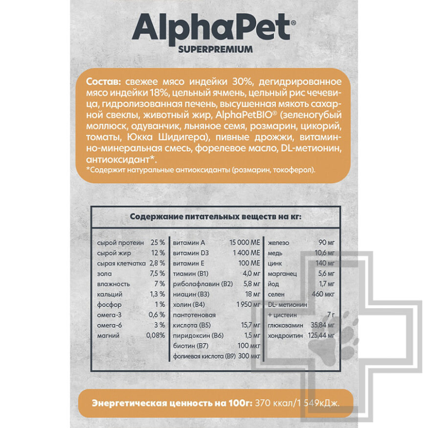 AlphaPet Superpremium MONOPROTEIN Корм для взрослых собак средних и крупных пород, с индейкой