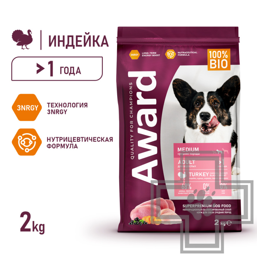 AWARD Корм для взрослых собак средних пород, с индейкой и курицей