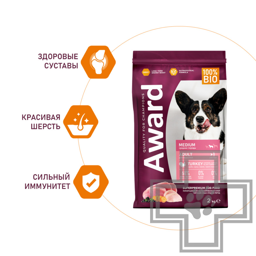 AWARD Корм для взрослых собак средних пород, с индейкой и курицей