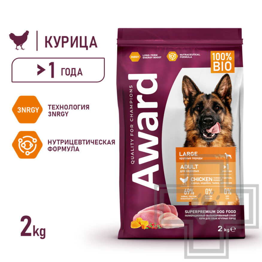 AWARD Корм для взрослых собак крупных пород, с курицей и индейкой