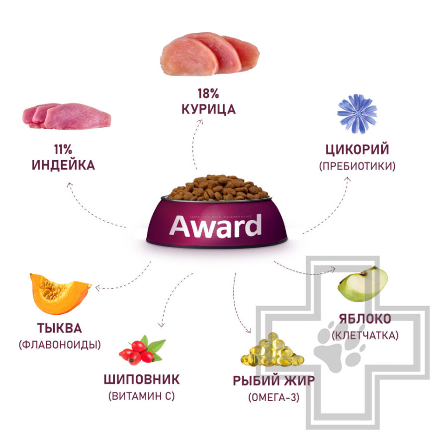 AWARD Корм для взрослых собак крупных пород, с курицей и индейкой