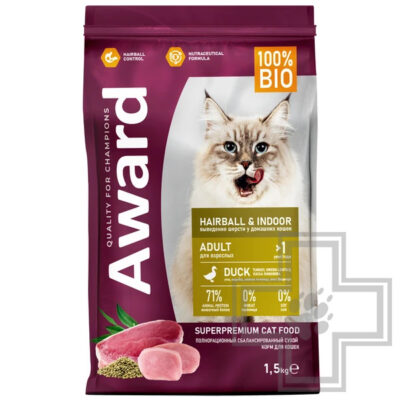 AWARD Hairball & Indoor Корм для взрослых кошек для выведения шерсти, с уткой и индейкой