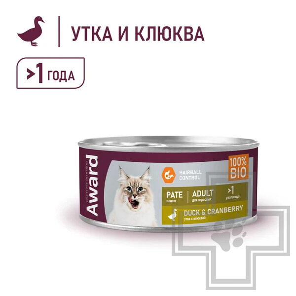 AWARD Консервы для взрослых кошек, паштет из утки с клюквой