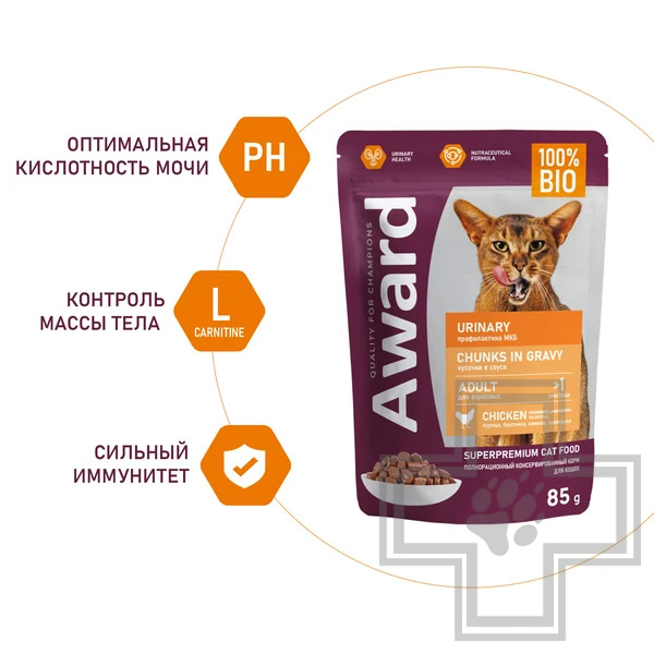 AWARD Urinary Пресервы для взрослых кошек для профилактики МКБ, кусочки курицы в соусе