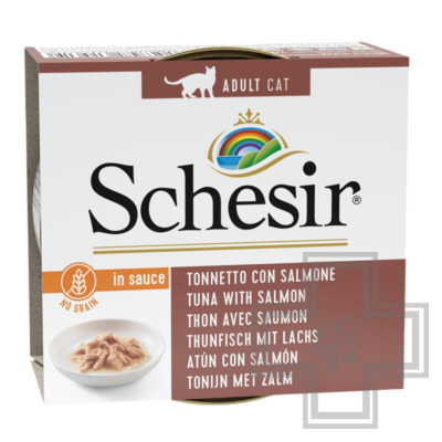 Schesir Консервы беззерновые для взрослых кошек, тунец с лососем в соусе