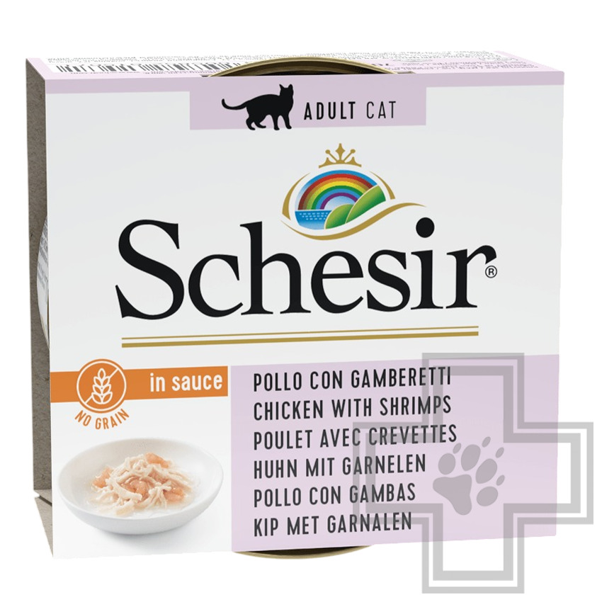 Schesir Консервы беззерновые для взрослых кошек, курицей и креветками в соусе
