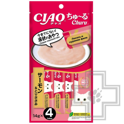 INABA CIAO Churu Лакомство-пюре для кошек, с курицей и лососем