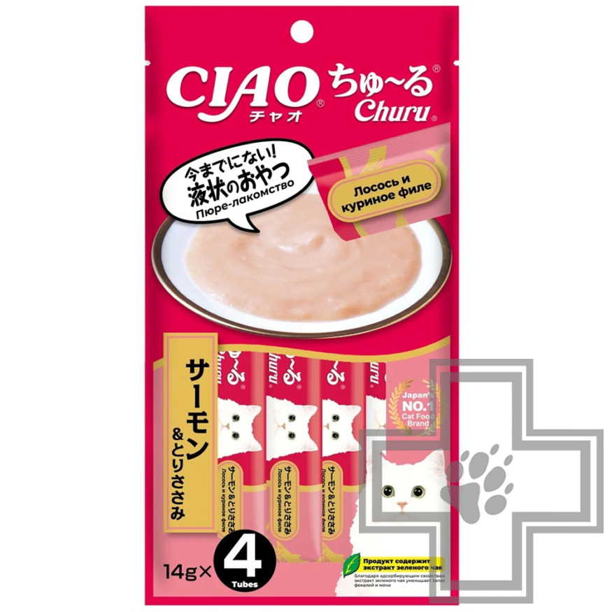 INABA CIAO Churu Лакомство-пюре для кошек, с курицей и лососем