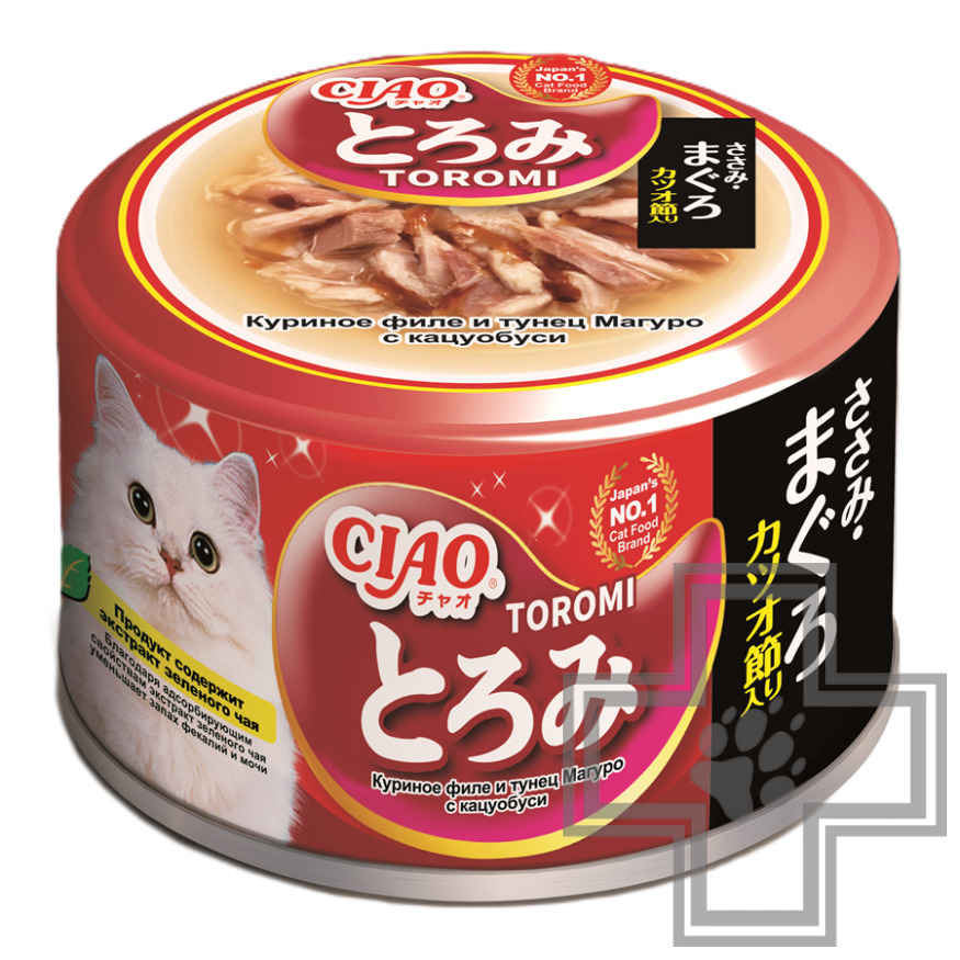 INABA CIAO Toromi Консервы для кошек, с куриным филе, тунцом Магуро и кацуобуси