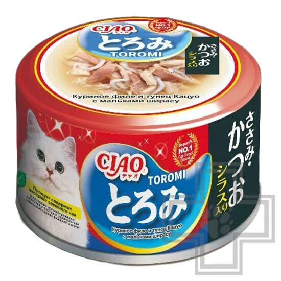 INABA CIAO Toromi Консервы для кошек, с куриным филе, тунцом Кацуо и ширасу