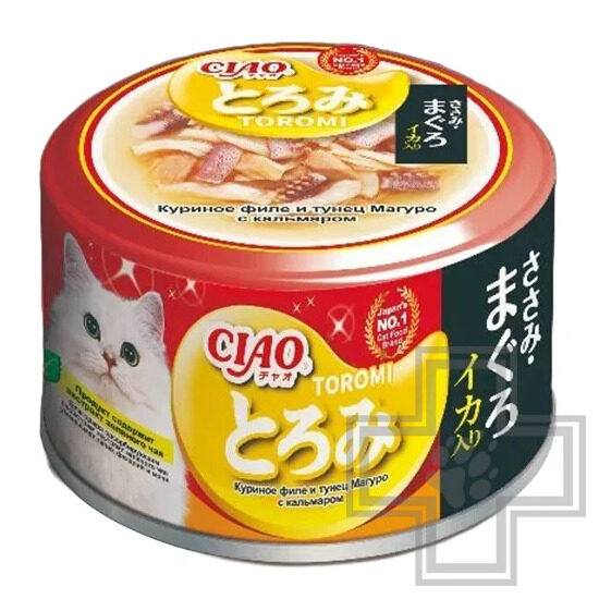 INABA CIAO Toromi Консервы для кошек, с куриным филе, тунцом Магуро и кальмаром