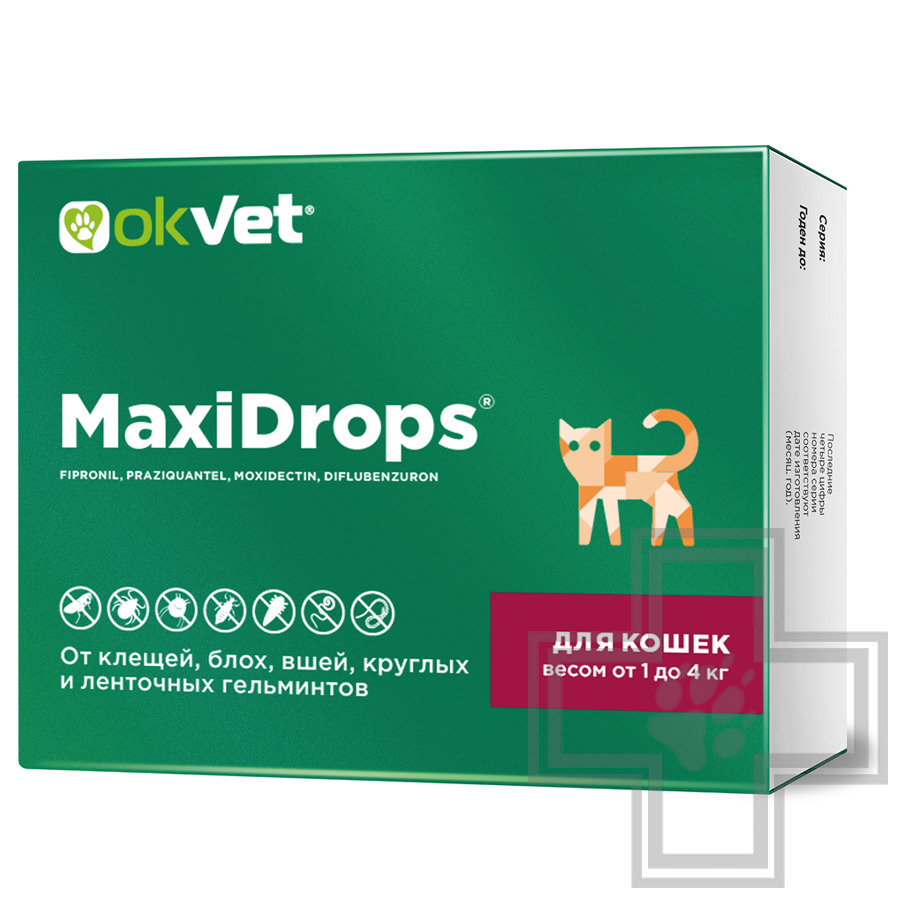 МаксиДропс Капли на холку от клещей, блох, вшей, круглых и ленточных гельминтов для кошек