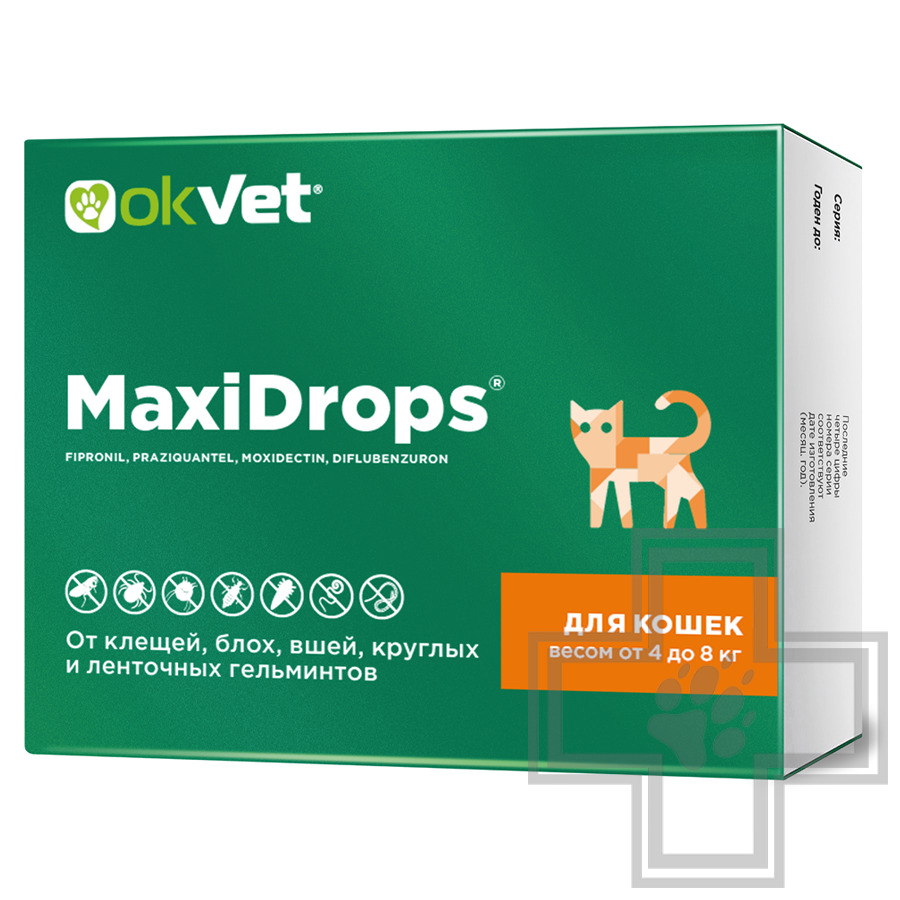 МаксиДропс Капли на холку от клещей, блох, вшей, круглых и ленточных гельминтов для кошек