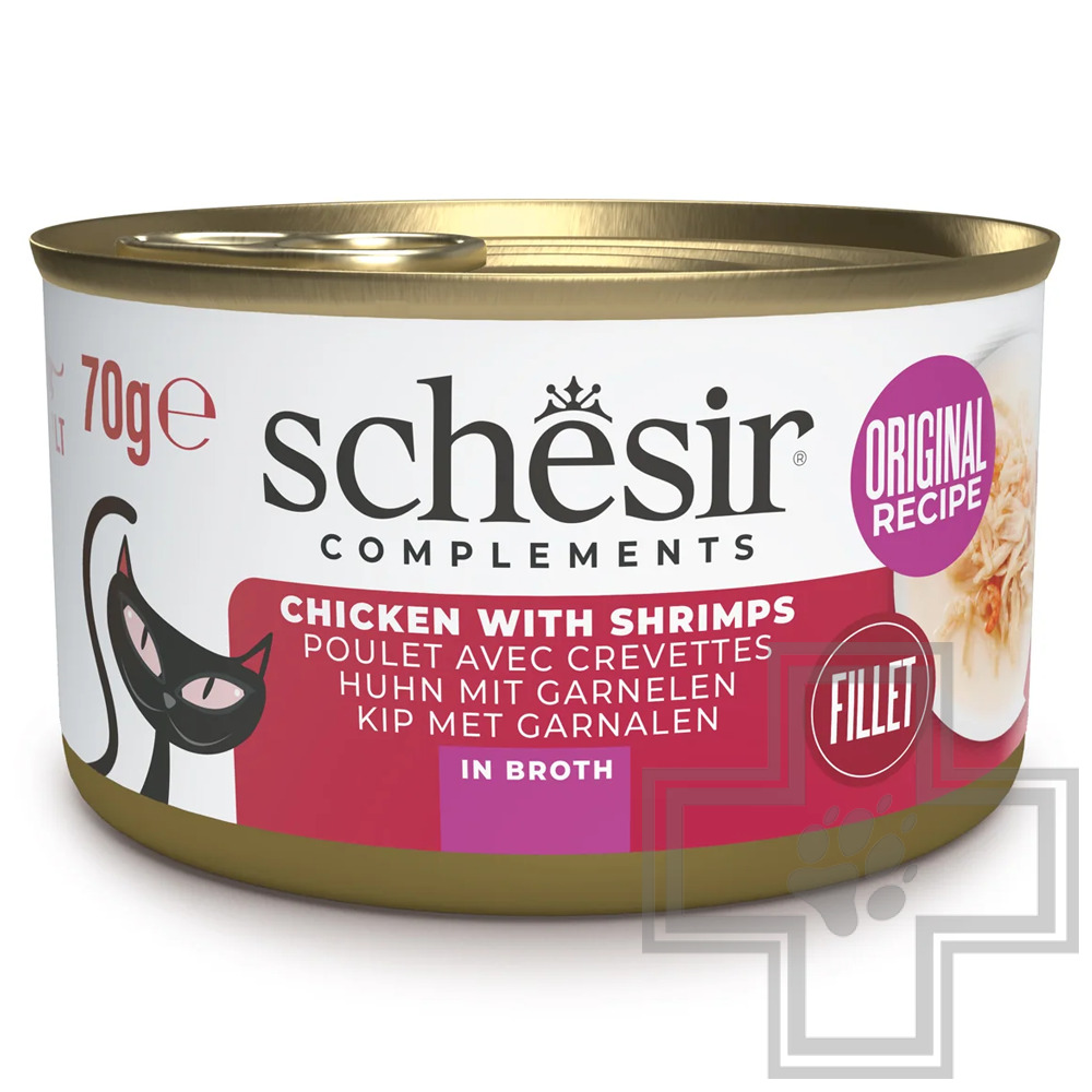 Schesir Complements Консервы для взрослых кошек, с курицей и креветками в бульоне