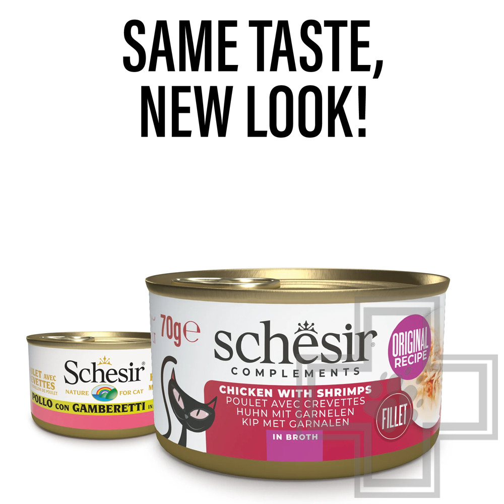 Schesir Complements Консервы для взрослых кошек, с курицей и креветками в бульоне